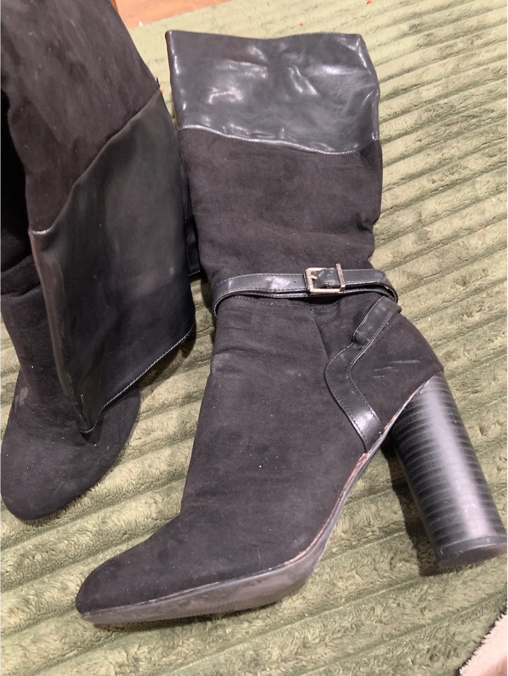 Black suede buckle heeled boots